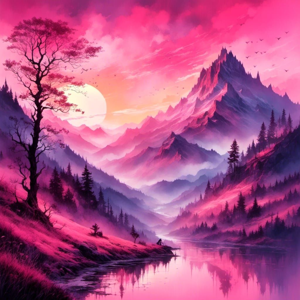 Misty Mountain Landscape at Pink Sunrise