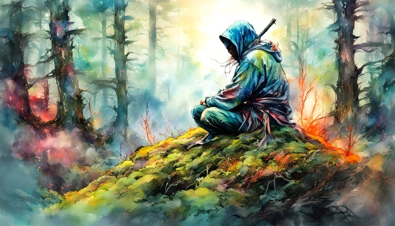 Ninja Meditating in Mossy Forest, Surreal Watercolor