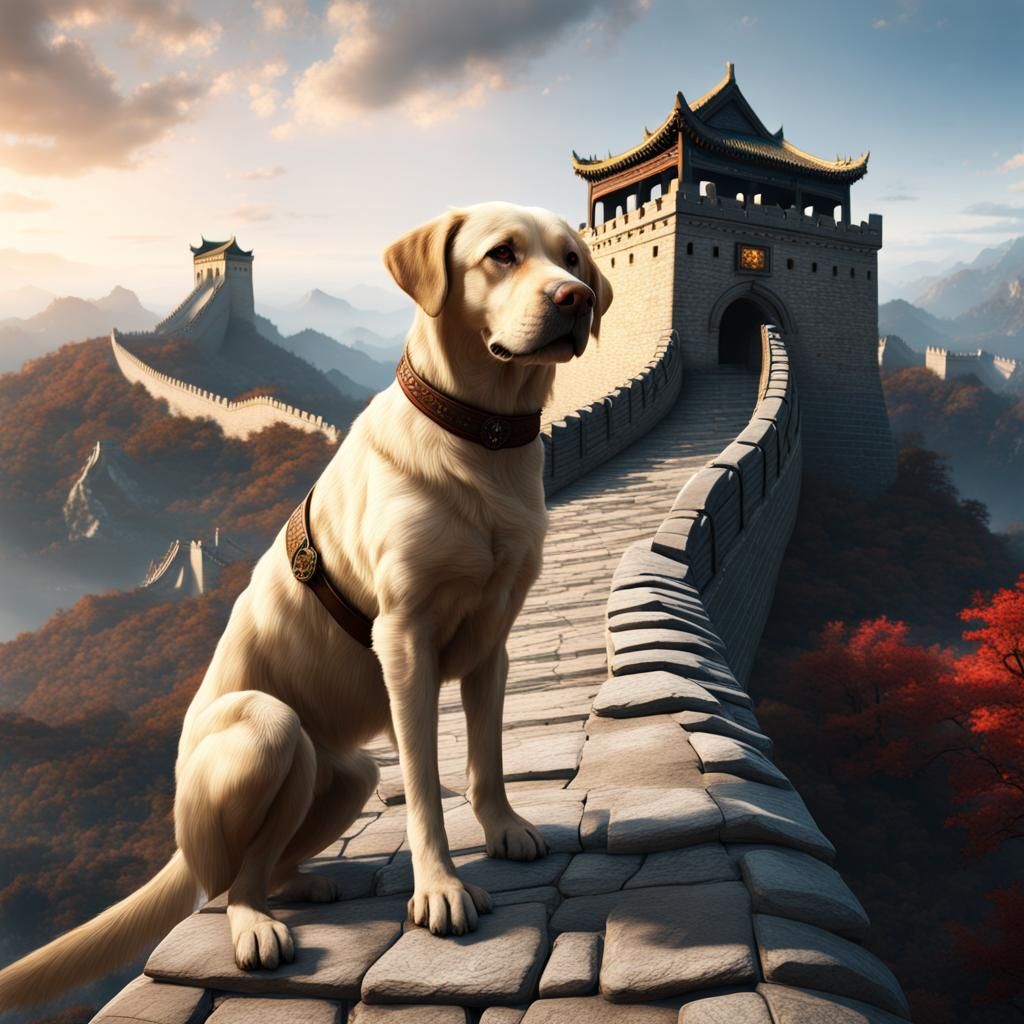 Labrador Retriever on the Great Wall: Detailed Matte Paintin...