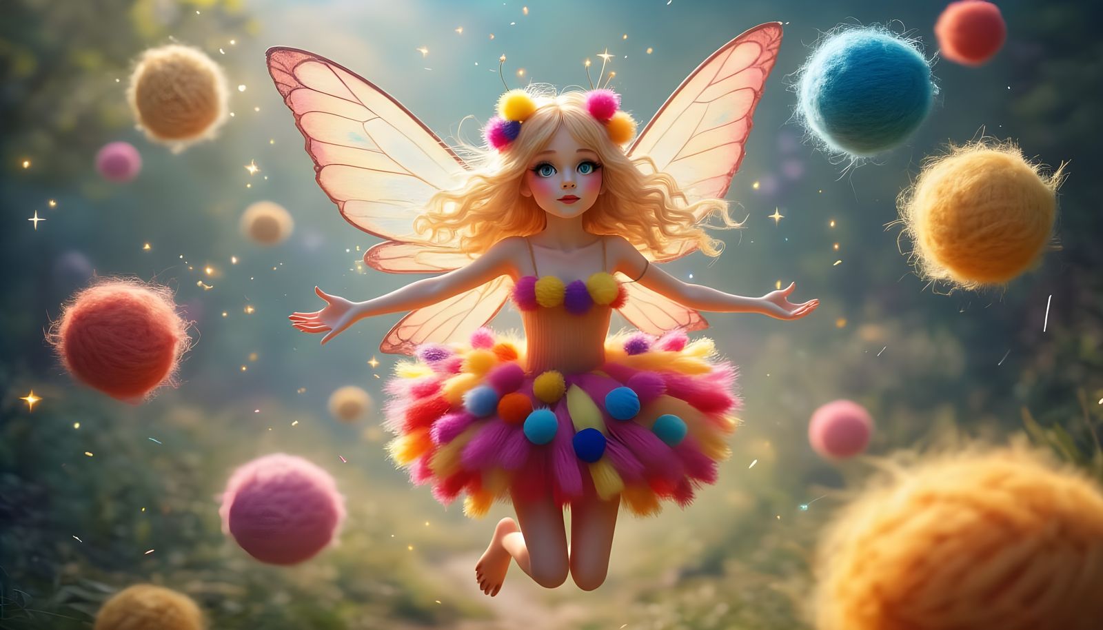 Blonde Fairy in Pom-Pom Dress with Wool Magic