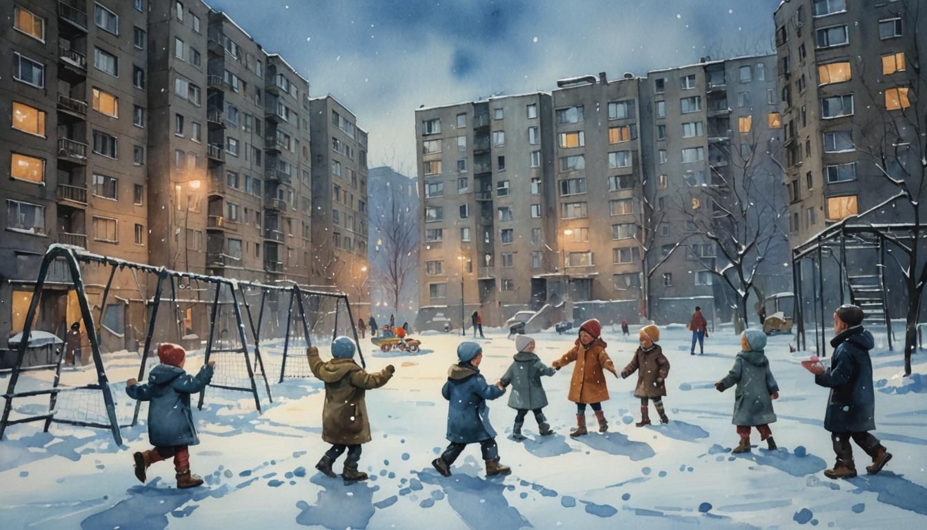 Winter Cityscape: Watercolor Painting of Soviet-Era Urban Sc...
