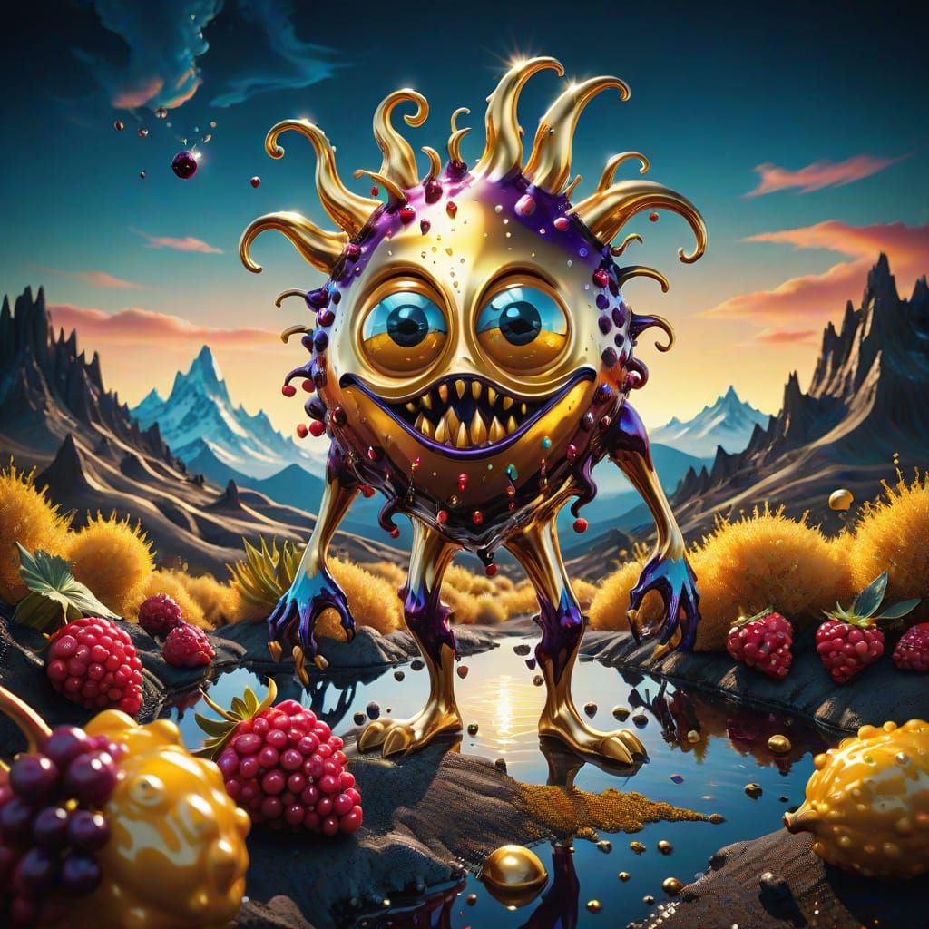 Vibrant Surrealist Oil Painting of a Glittery Berry Monster