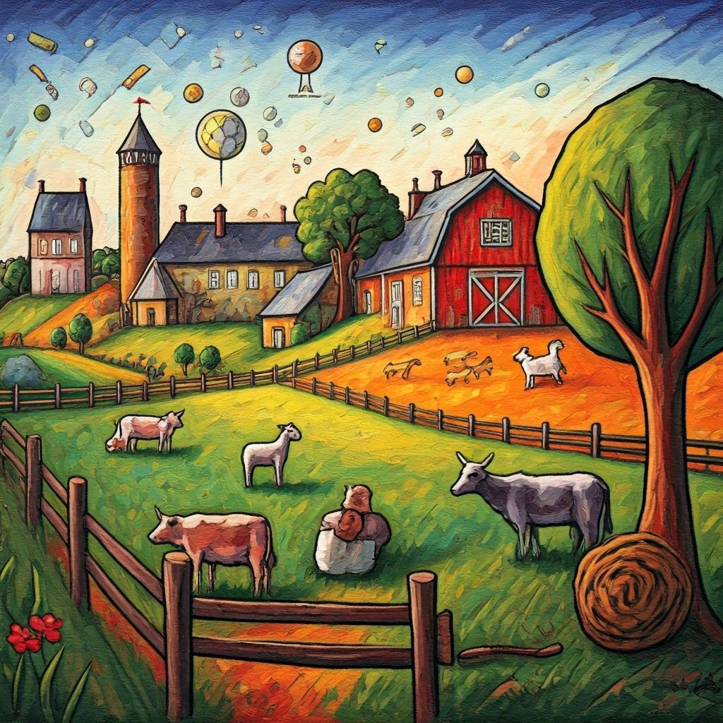 Colorful Abstract Farm Scene in Naive Art Style