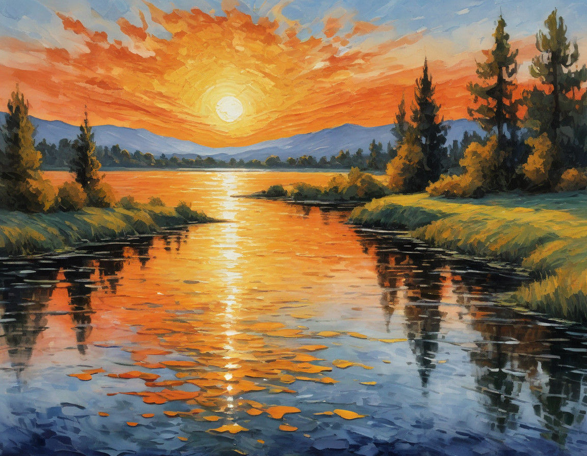 Impressionist Orange Sunset Masterpiece with Textured Brushs...