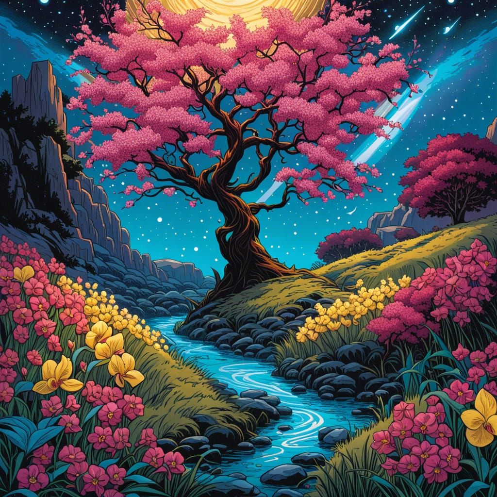 Cherry Blossom Tree in Starry Flower Meadow, Comic Art