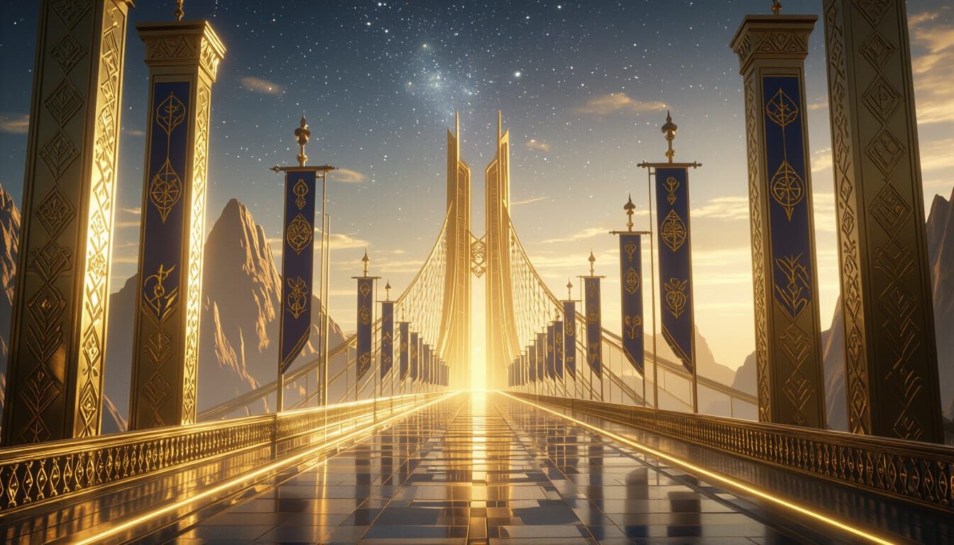 Asgard Realm of Gods: Golden Halls and Bifrost Bridge