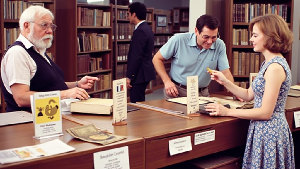 Vintage Librarian Searches Card File in Retro Library Settin...