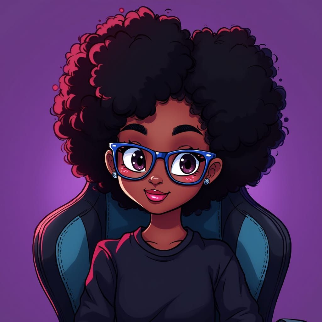 Cartoon Girl with Afro in Gaming Chair