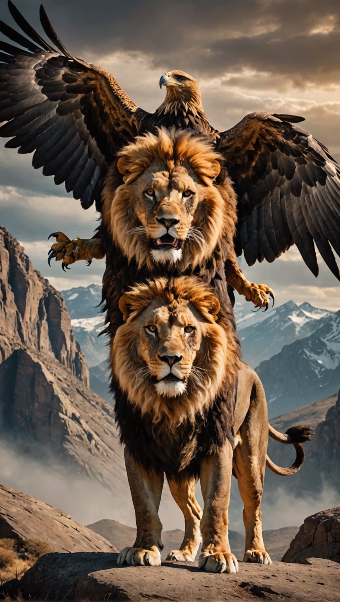 Lion and Eagle Standoff in Stormy Landscape
