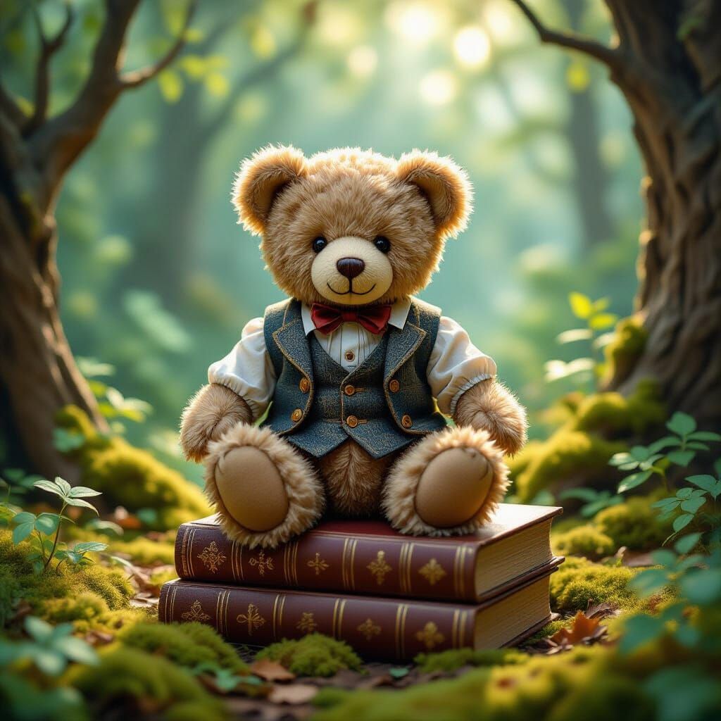 Antique Teddy Bear in Enchanted Forest, Art Nouveau Style
