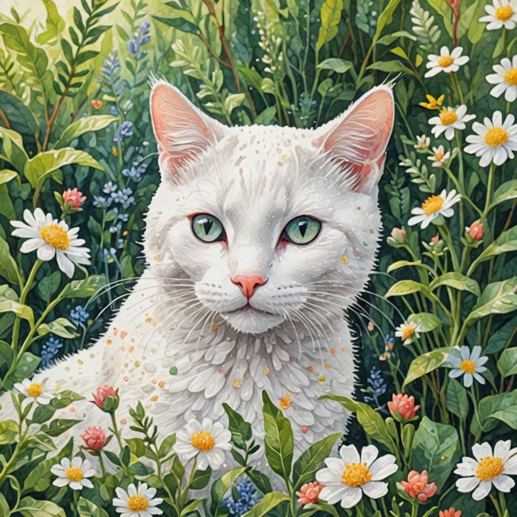 White Cat in Pointillism Miniature Art Illustration