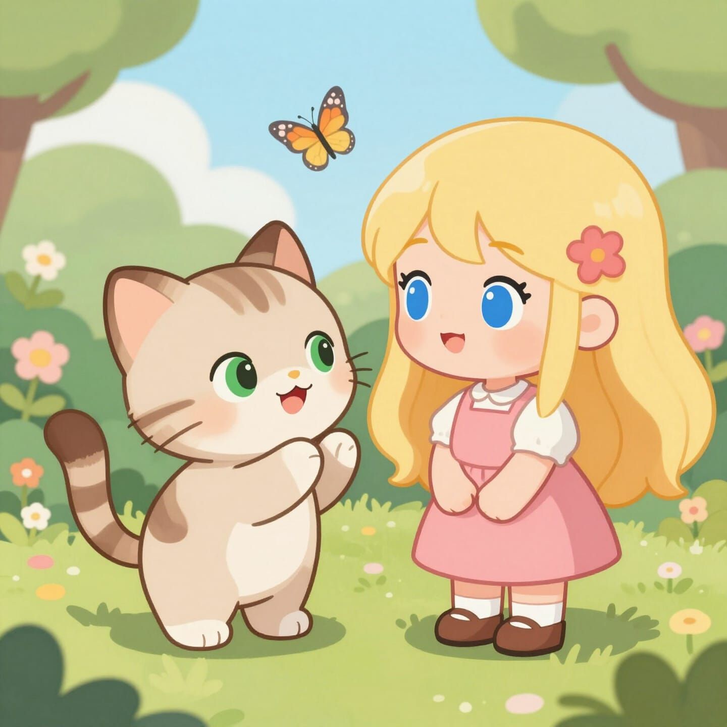 Cute Kitten Meets Chibi Friend in Floral Garden