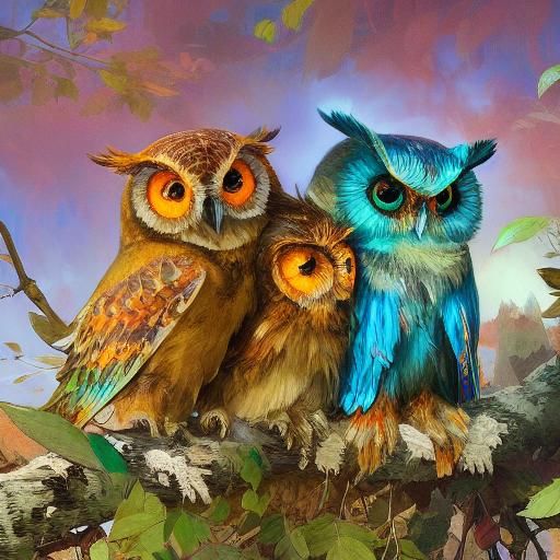 Colorful Fluffy Owls on Branch, Dynamic Lighting
