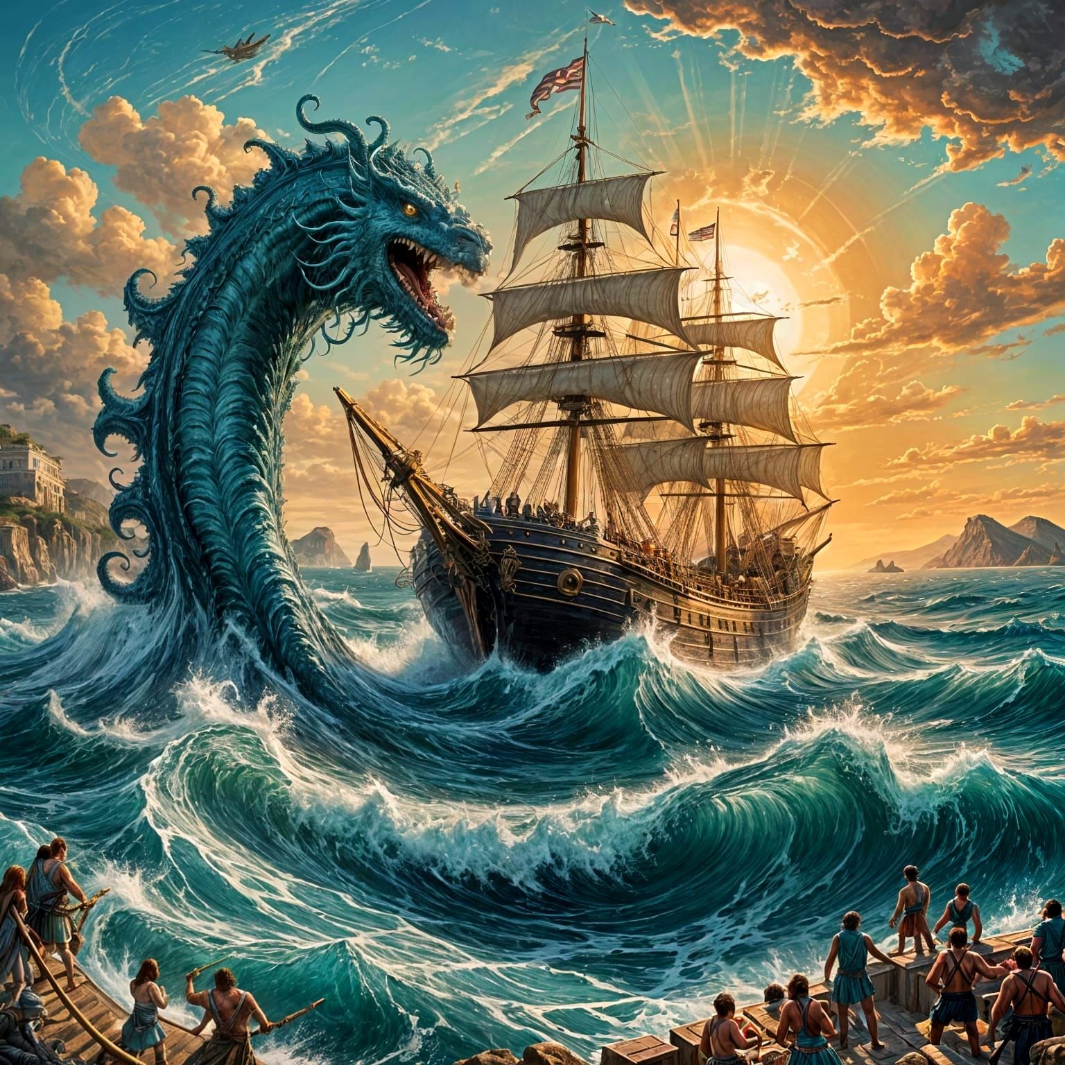 Greek Sea Monster Battles Ancient Galley in Turquoise Medite...