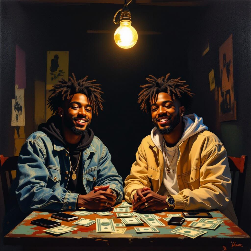 Joyful Friends with Phones and Money, Rich Artistry