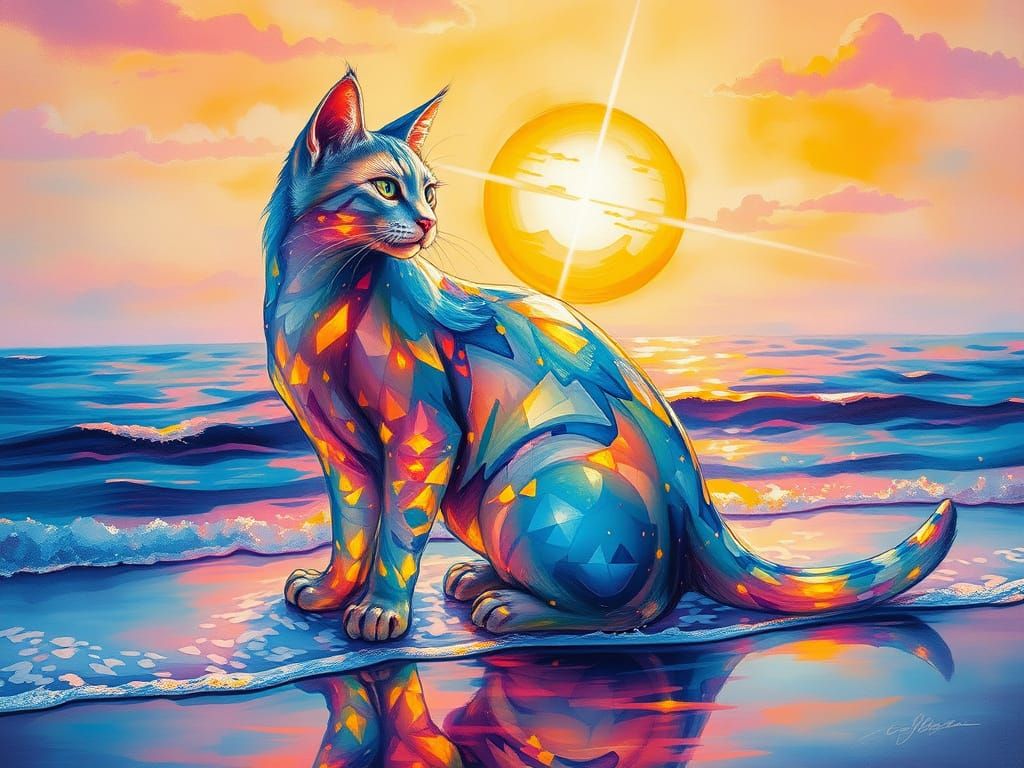 Water Cat in Sunset: Alcohol Ink Painting
