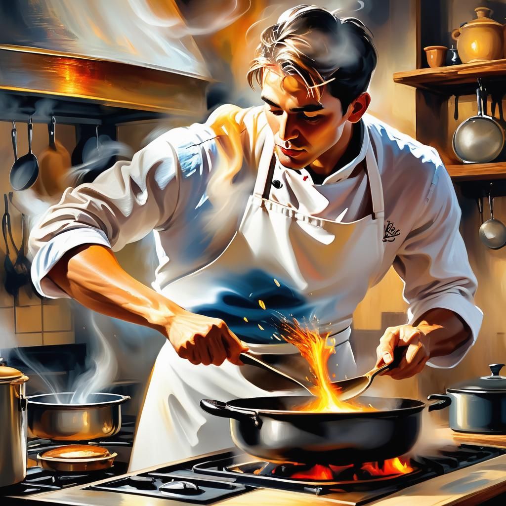 Young Chef in a Fantasy Kitchen as Oil Painting