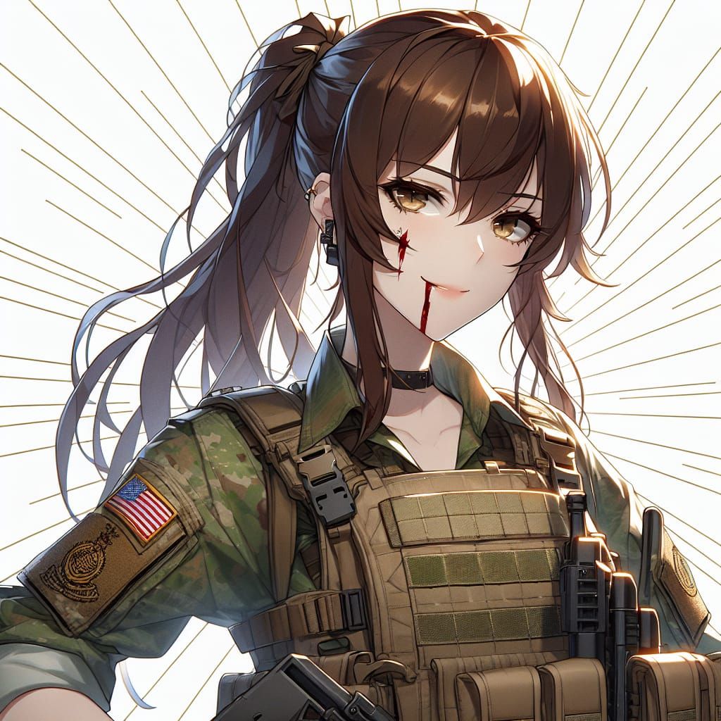 Anime Soldier with Ponytail in Camo Uniform