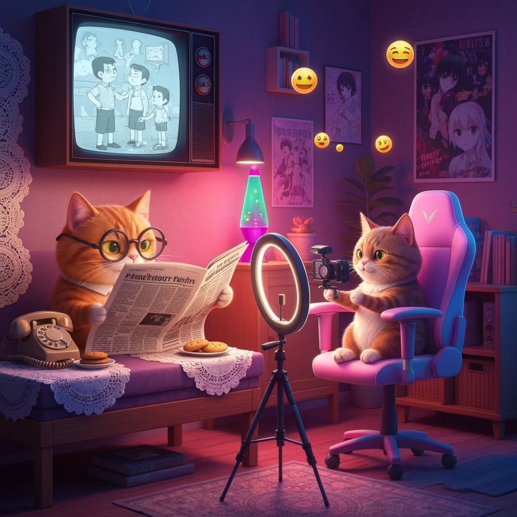 Boomer and Gen Z Cats in Pixar-Ghibli Style