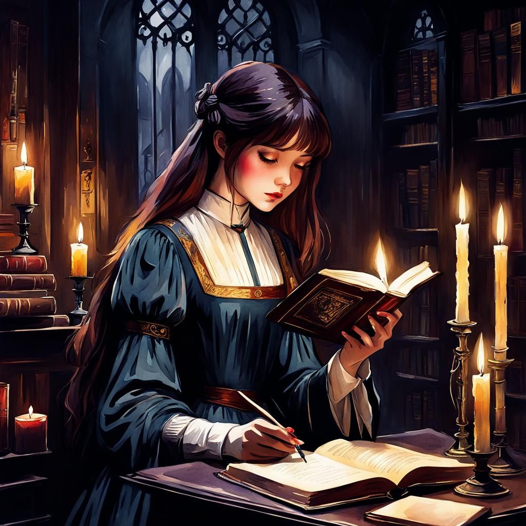 Gloomy Scholar Reading: Watercolor in Waterhouse Style