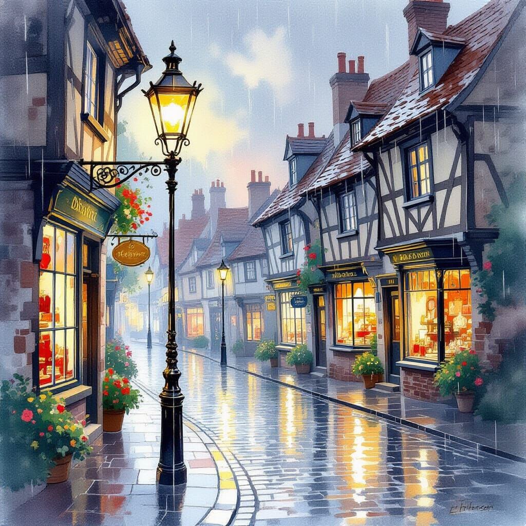 Ornate Streetlamp Glows on Rainy Cobblestone Street