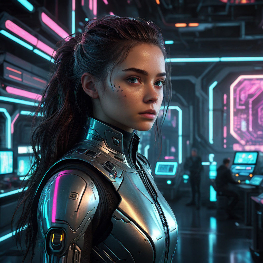 Futuristic Laboratory Scene in Neon-Lit Sleek Metallic Setti...