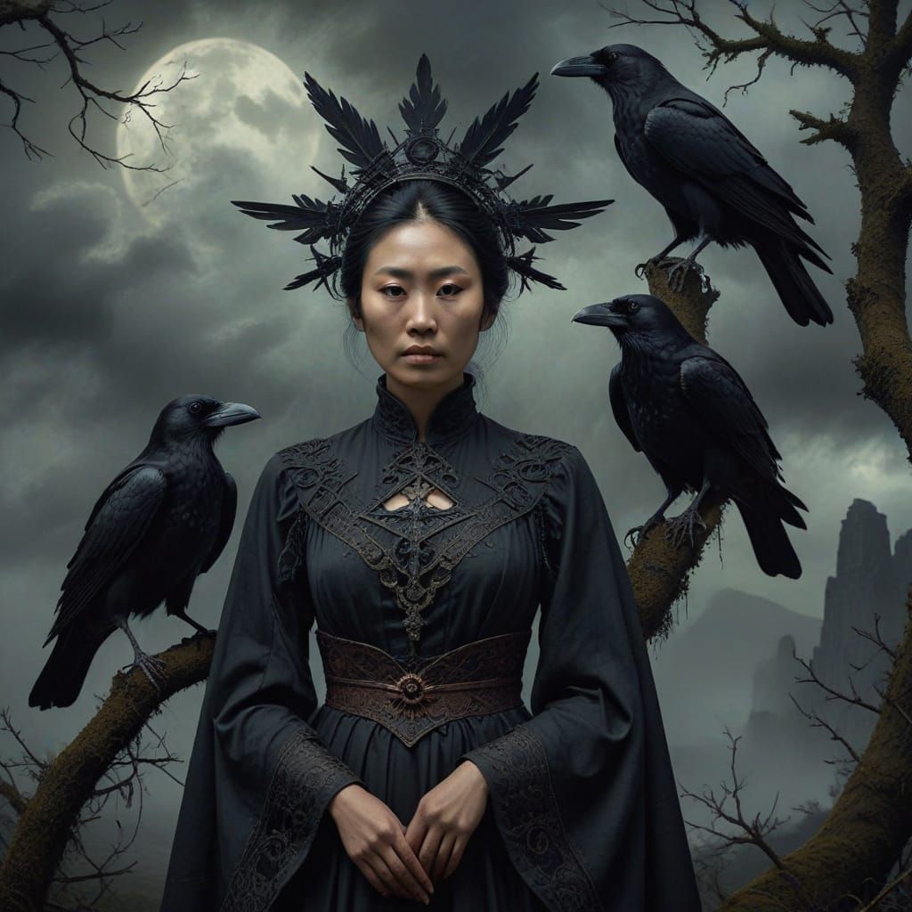 Gothic Portrait of Asian Woman with Raven