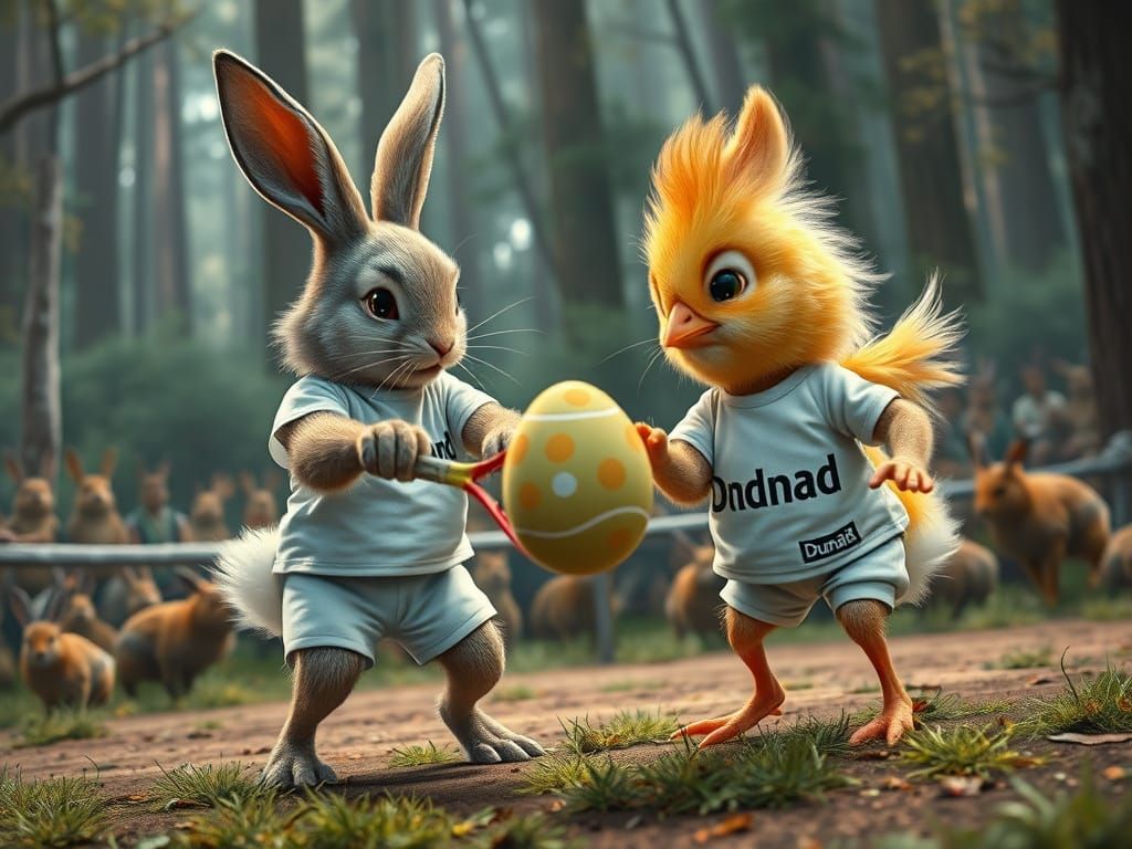 Bunny and Chick Play Tennis in Forest Arena