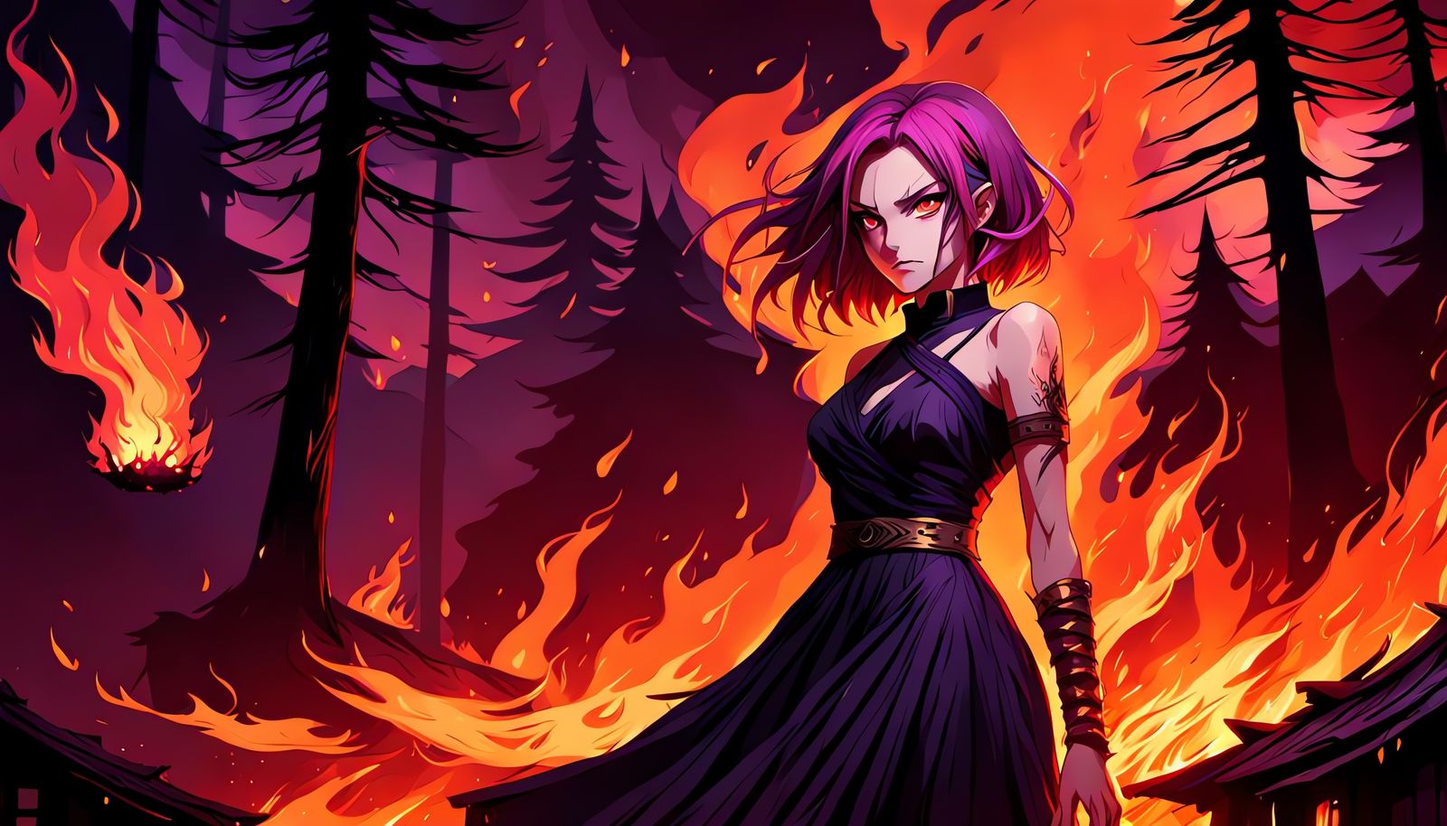 Furious Anime Girl Ignites a Burning Forest