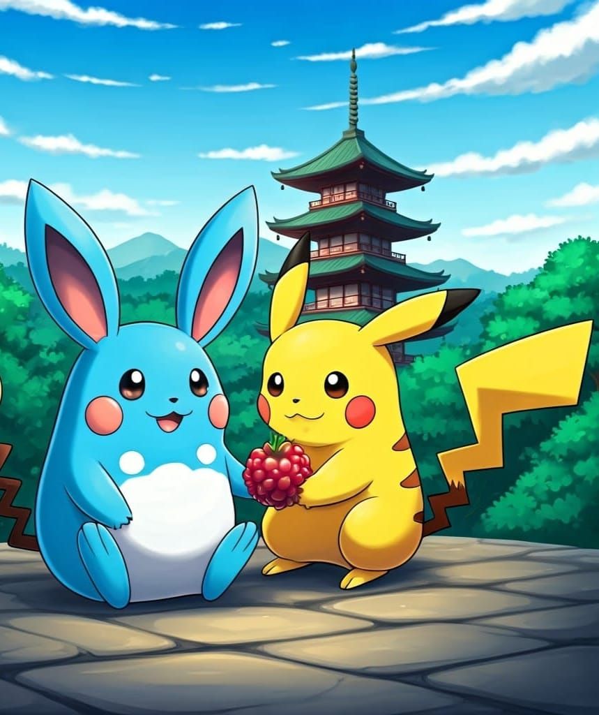 Pokémon in Harmony near Traditional Japanese Pagoda