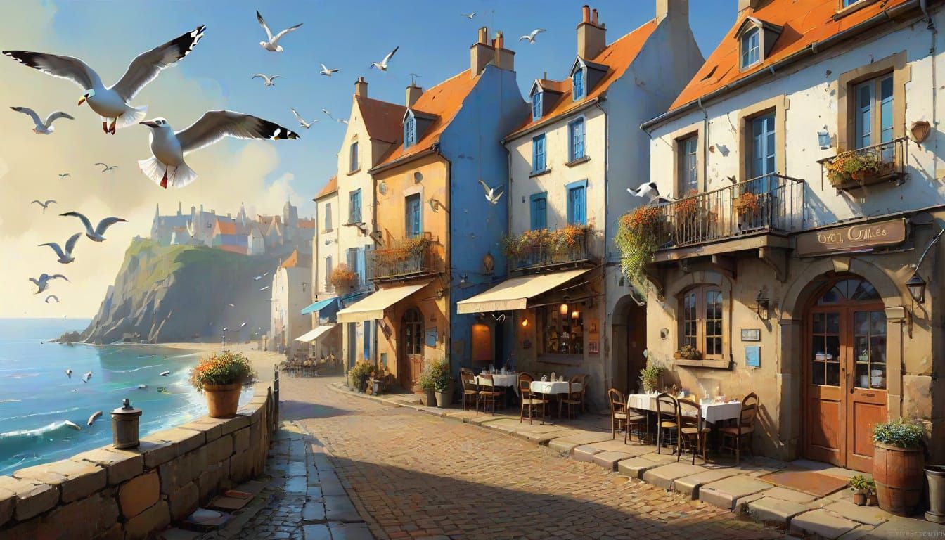 Seaside Village Digital Painting with Seagulls