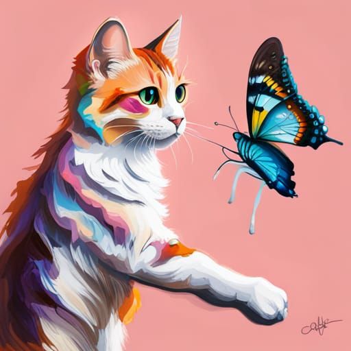 Calico Cat Chasing Butterfly in Graffiti Art