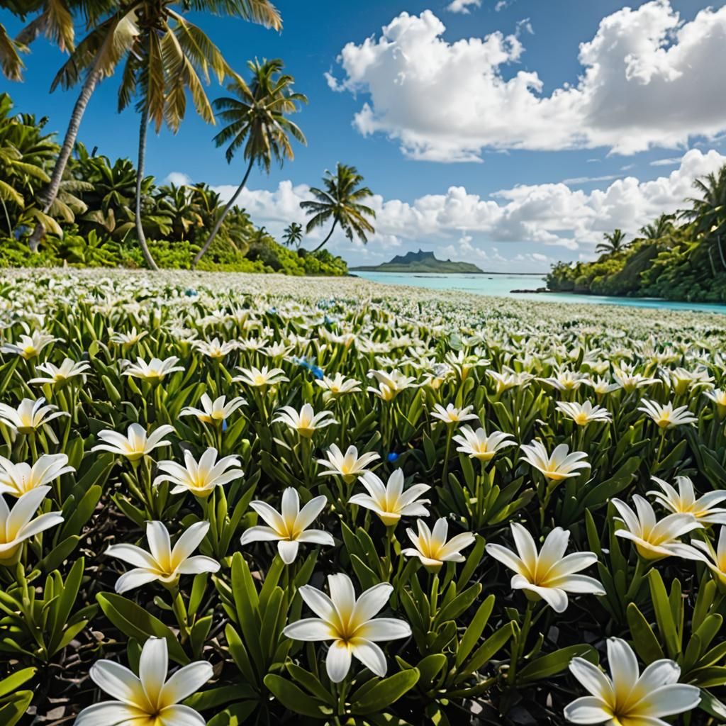 Tiare Flowers by a Blue Lagoon