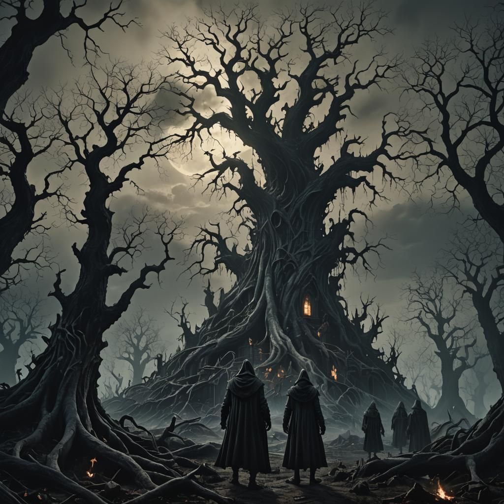 Dark Fantasy Horror: Ghostly Figures in Gothic Landscape
