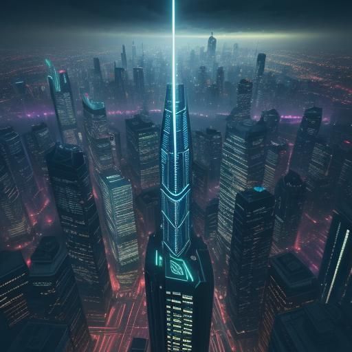Futuristic Cityscape with Neon Lights and Urban Decay