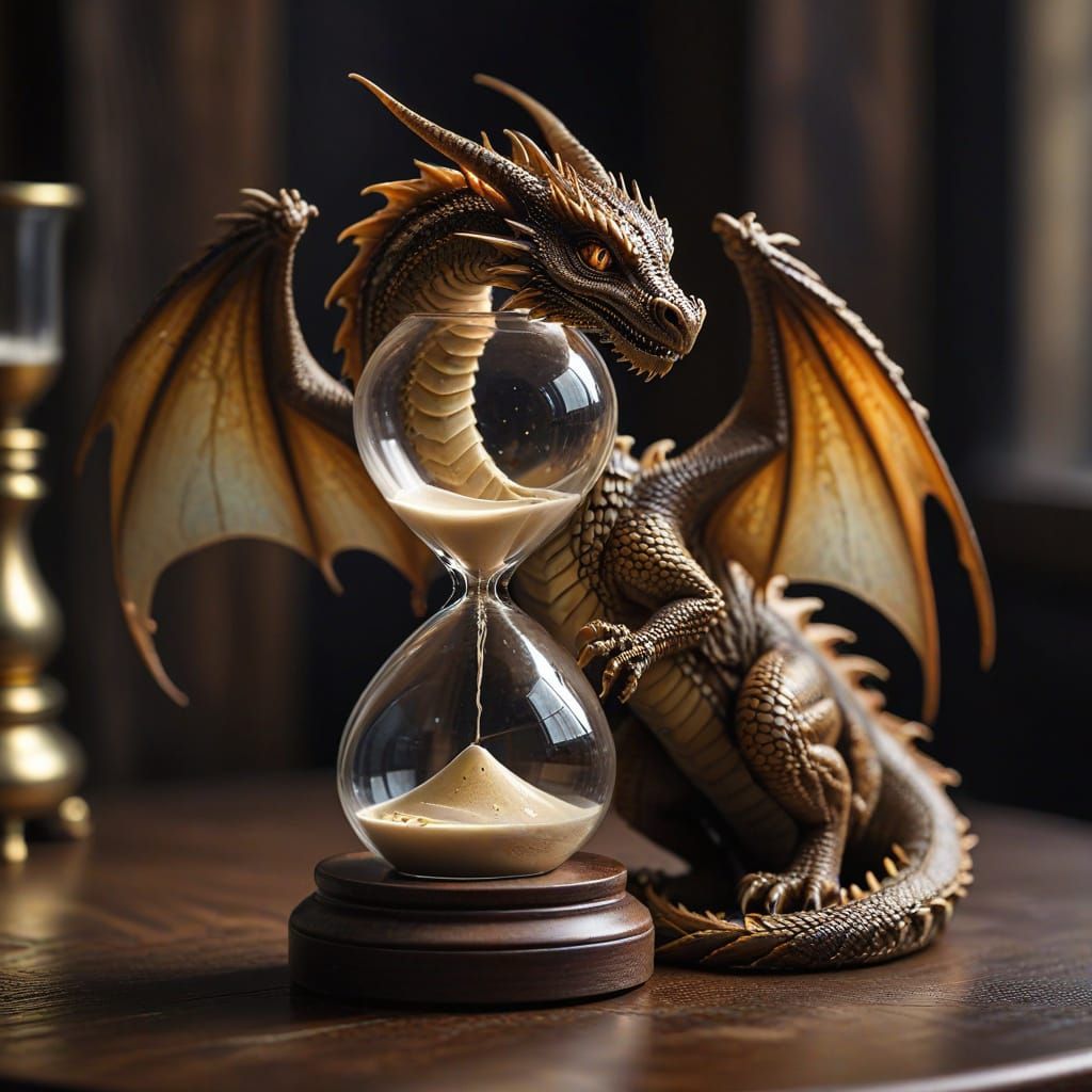 Dragon Coiled Around Hourglass in Warm, Golden Light