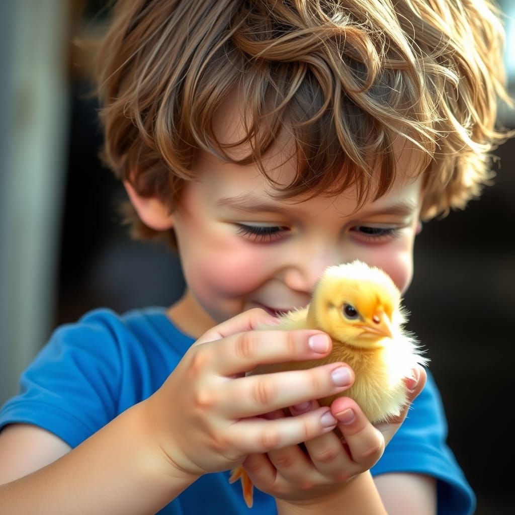 Photorealistic Boy Gently Holds Fluffy Yellow Chick