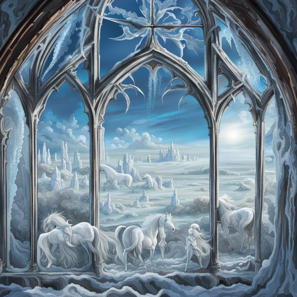 Icy Gothic Window View with Ghostly Horsemen
