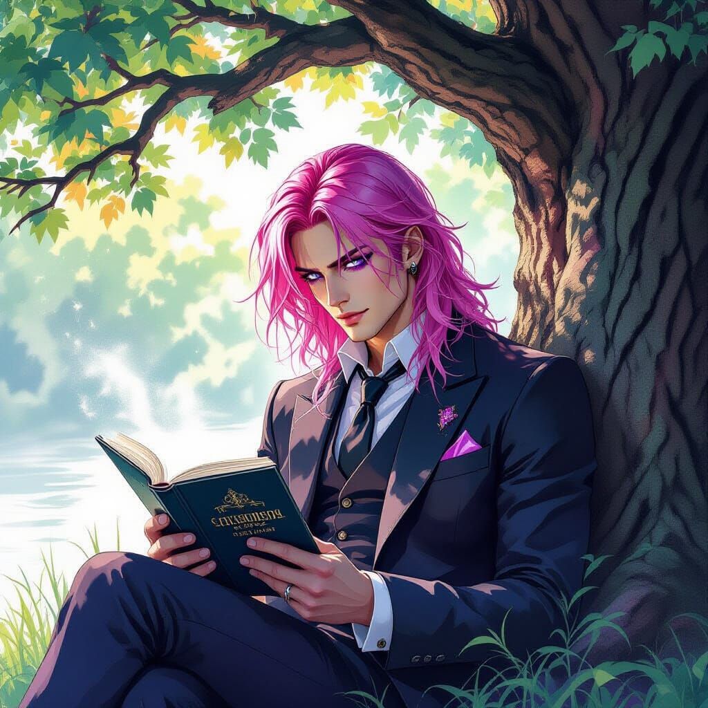 Gothic Man Reading Under Oak Tree in Watercolor Style