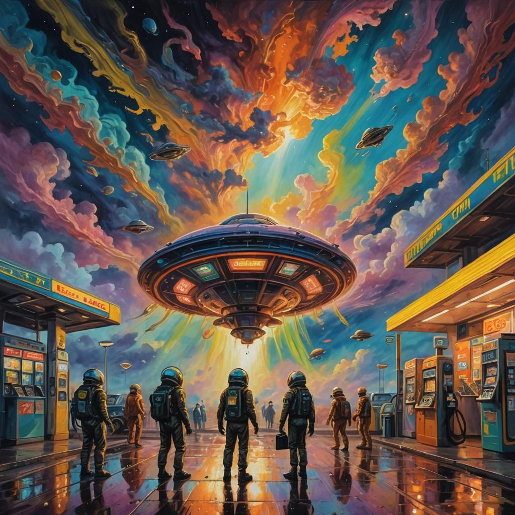 Aliens Shopping at Space Gas Station: Neo-Impressionism