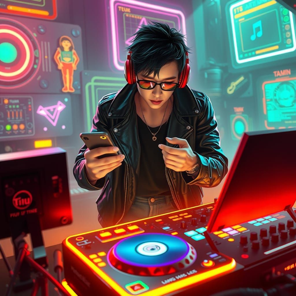 Cyberpunk Teen DJ in Neon Lights, Matte Painting
