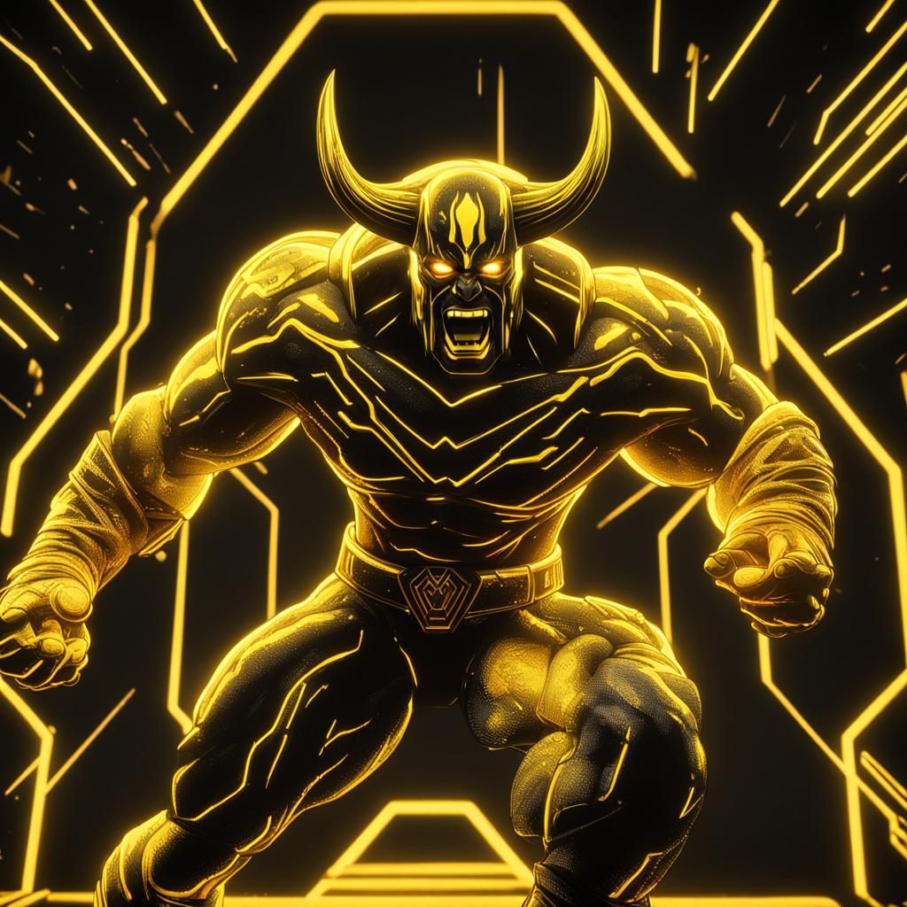 Glowing solid yellow dark 3D magma solid yellow ultimate warrior wwf wrestler running ,glowing plasma under black li...