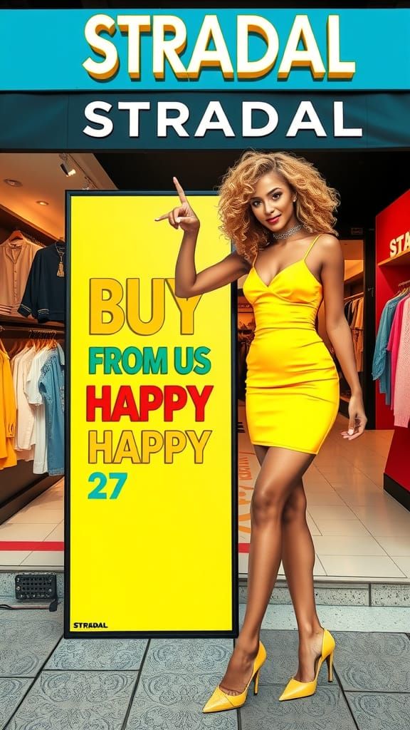 Woman Promotes Shopping in Vibrant Fashion Store