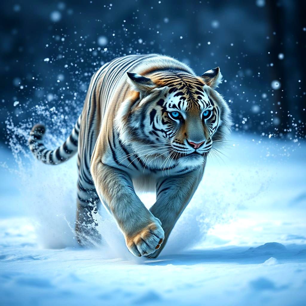 Majestic Snow Tiger in Hyper-Realistic Winter Wonderland