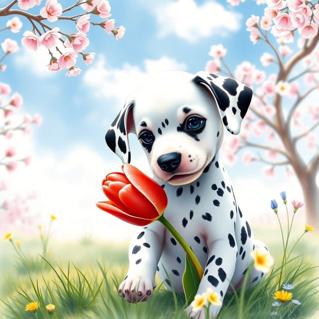 Adorable Dalmatian Puppy with Red Tulip in Dreamy Watercolor...