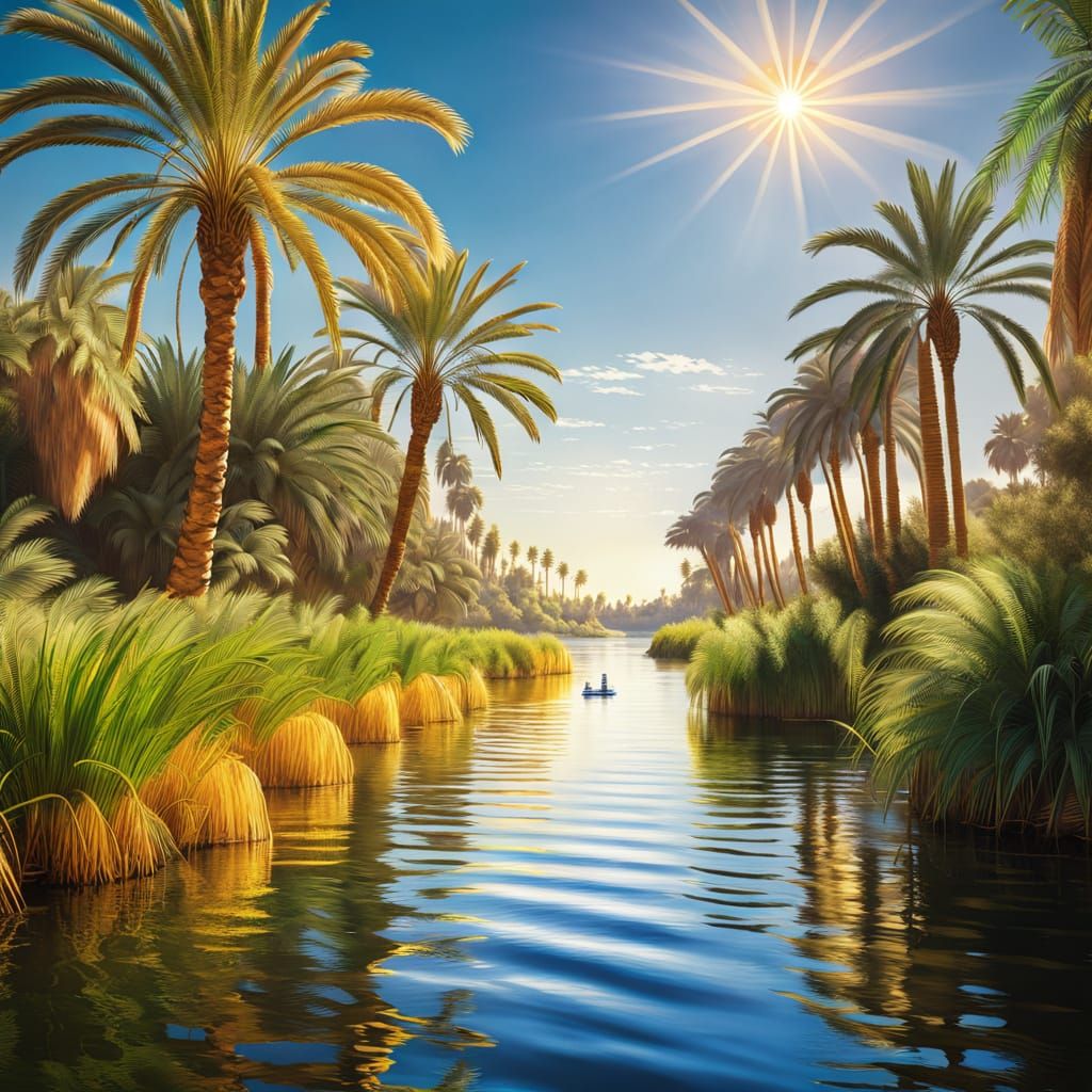 Egyptian God Ra Navigates Solar Barque Across Nile River