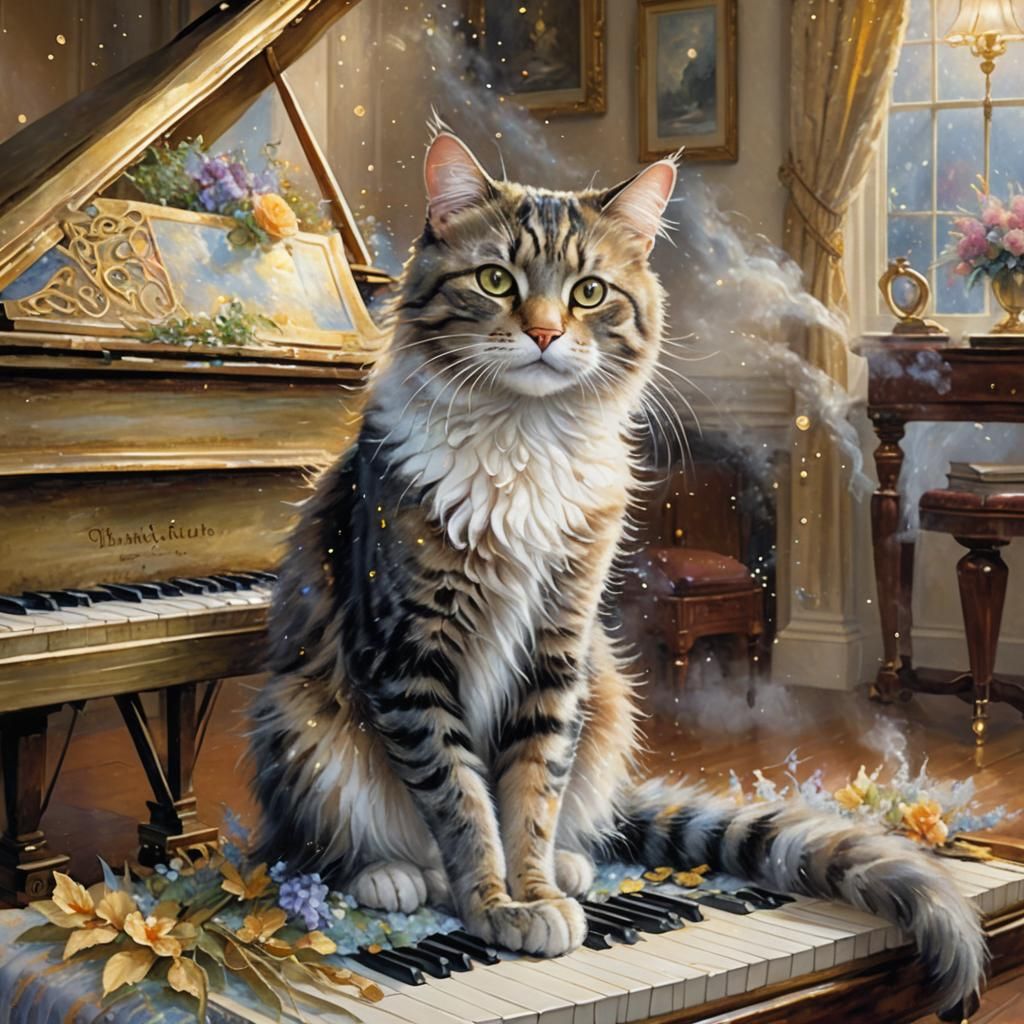 Golden Dot Cat on Piano in Impressionistic Style