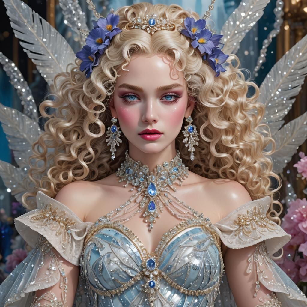 Icy Blonde Woman in Gown with Roses