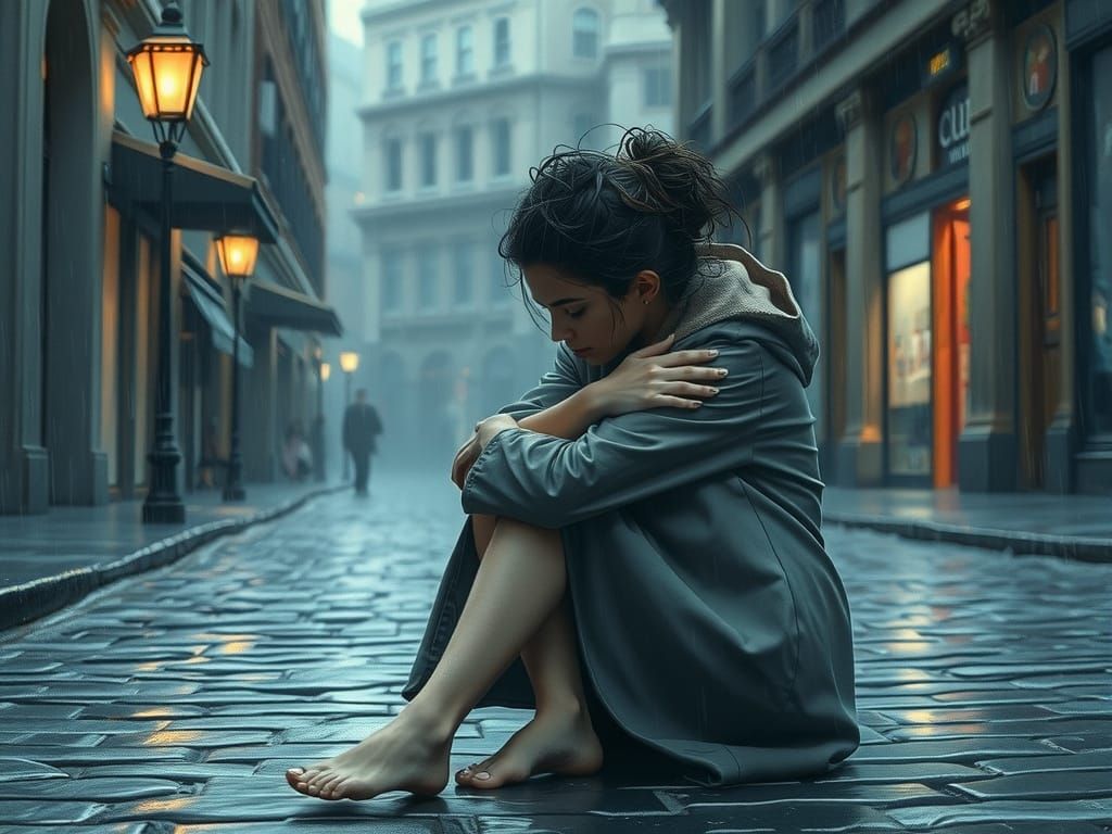 Melancholic Woman in Rain, Watercolor Style