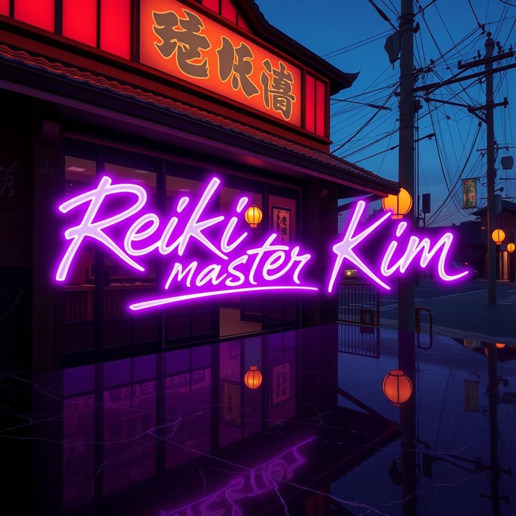 Cyberpunk Reiki Master Neon Sign at Dusk